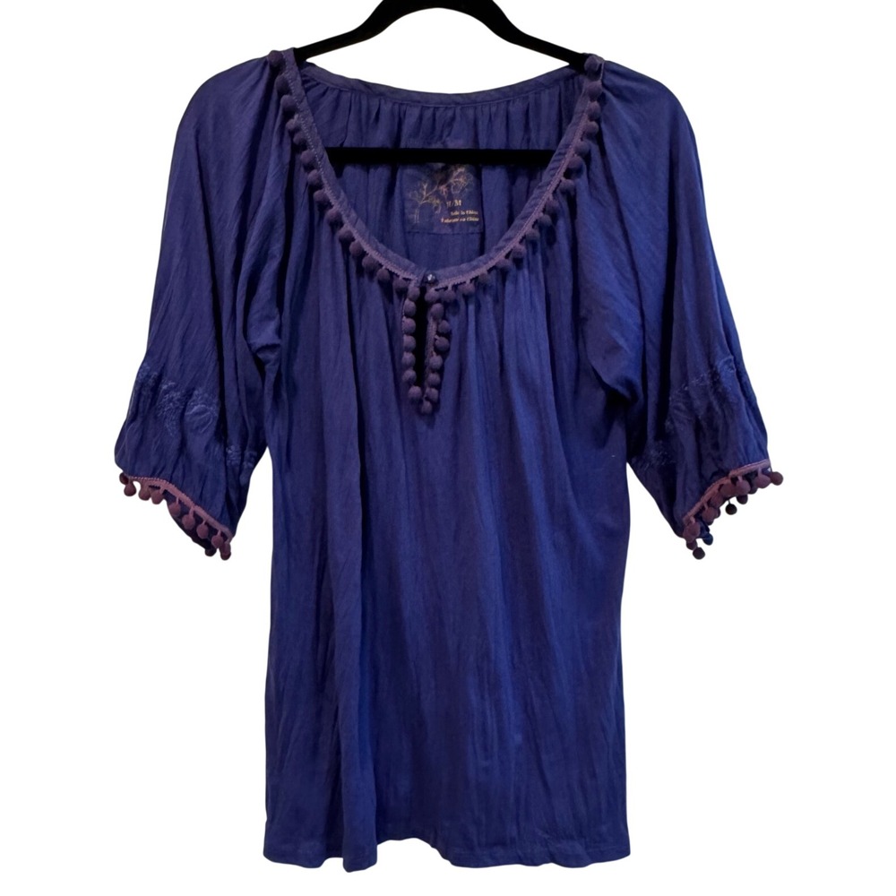 Purple Embroidered Pom Pom Trim Peasant Blouse Top size Medium